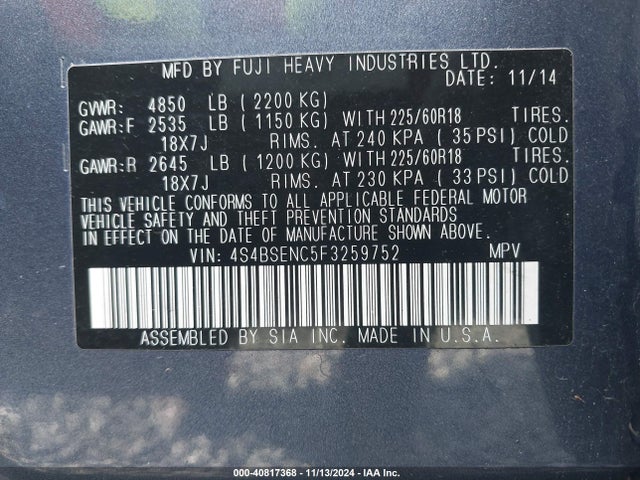 4S4BSENC5F3259752 Subaru Outback 3.6r Limited