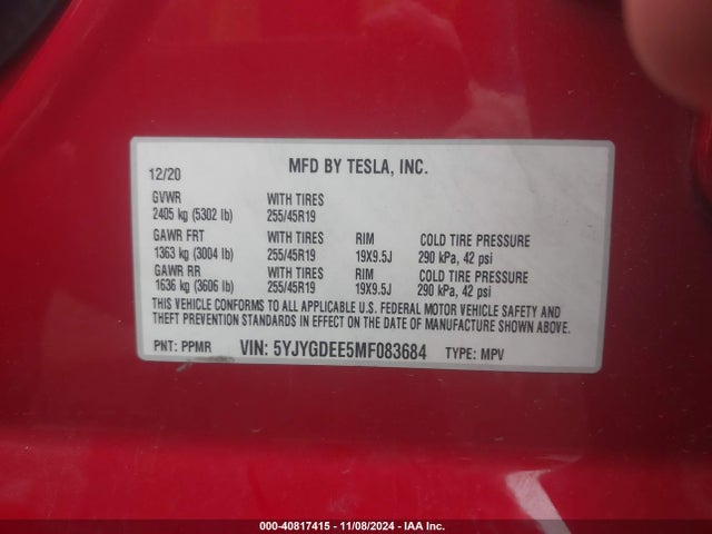2021 TESLA MODEL Y 5YJYGDEE5MF083684 Photo 8