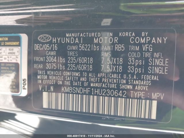 KM8SNDHF1HU230642 Hyundai Santa Fe Limited