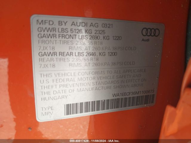 WA1EECF36M1100673 Audi Q3 Premium Plus 45 Tfsi S Line Quattro Tiptronic