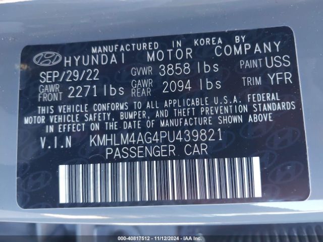 KMHLM4AG4PU439821 Hyundai ELANTRA SEL