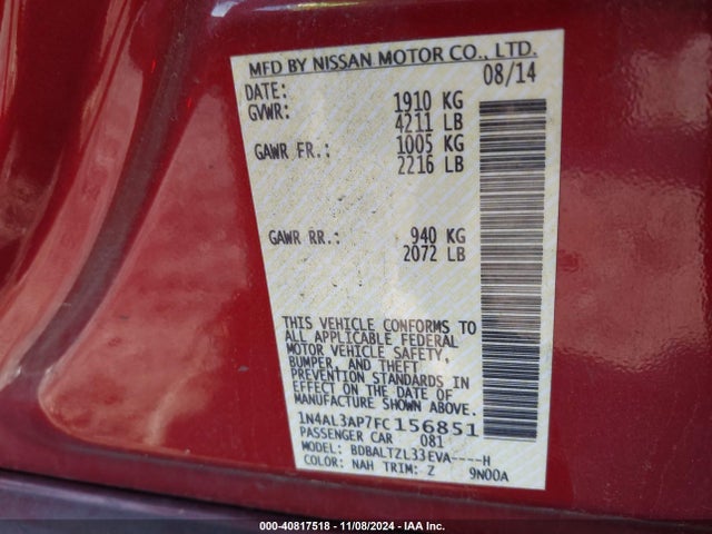 1N4AL3AP7FC156851 Nissan Altima 2.5 Sl