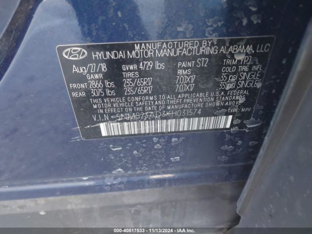 5NMS23AD3KH031574 Hyundai Santa Fe Se
