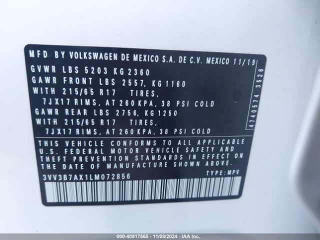 3VV3B7AX1LM072856 Volkswagen Tiguan 2.0t Se/2.0t Se R-line Black/2.0t Sel