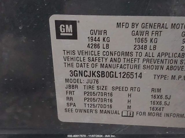 3GNCJKSB0GL126514 Chevrolet Trax 1ls
