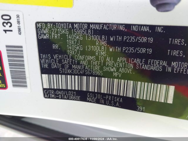 5TDXK3DC4FS678965 Toyota Sienna Se 8 Passenger