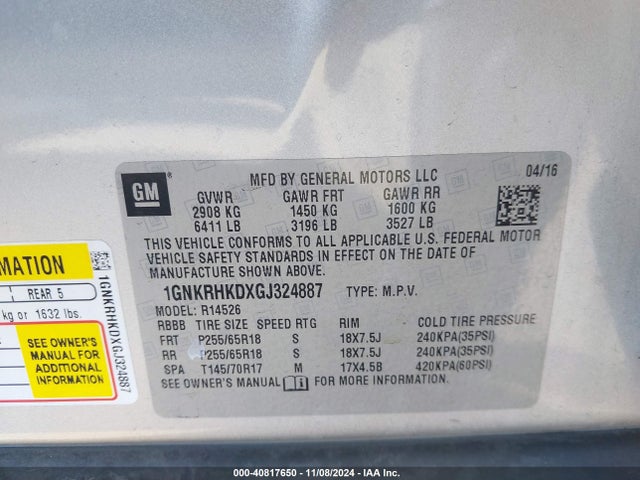 Chevrolet Traverse 2lt 2016 1GNKRHKDXGJ324887 Image 9