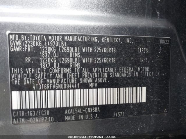 4T3T6RFV6NU094441 Toyota Rav4 Hybrid Se