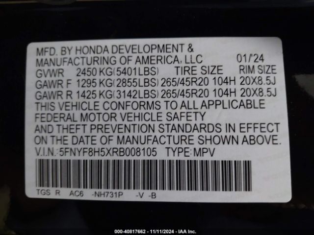 5FNYF8H5XRB008105 Honda Passport Awd Ex-l