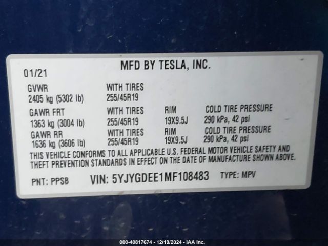 5YJYGDEE1MF108483 Tesla Model Y Long Range Dual Motor All-wheel Drive