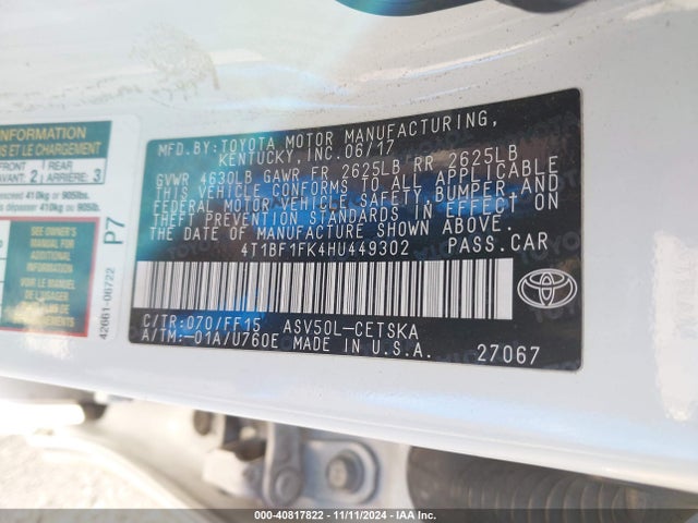 Toyota CAMRY SE 2017 4T1BF1FK4HU449302 Image 9