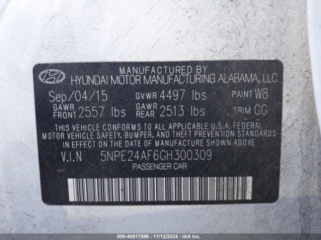 5NPE24AF6GH300309 Hyundai SONATA SE