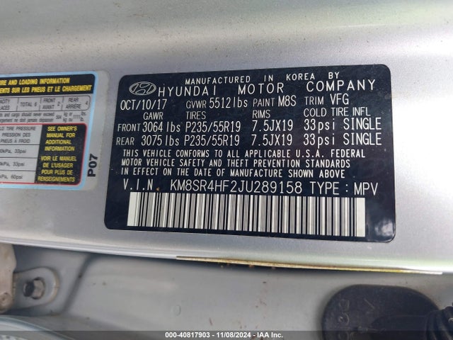 KM8SR4HF2JU289158 Hyundai Santa Fe Limited Ultimate