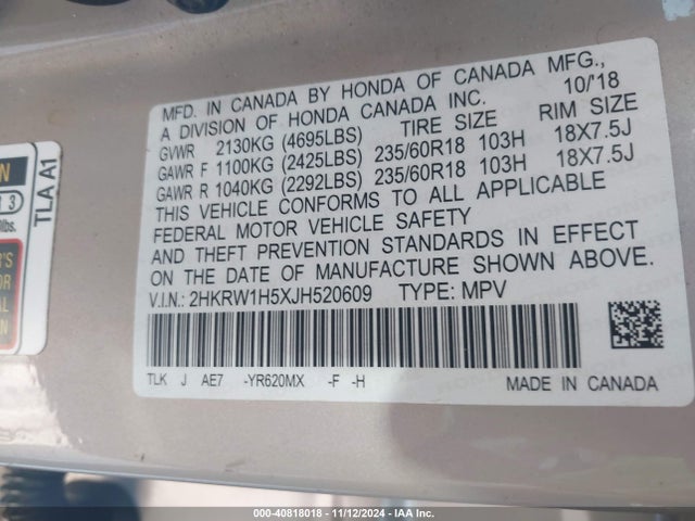 Honda CR-V EX 2018 2HKRW1H5XJH520609 Image 9