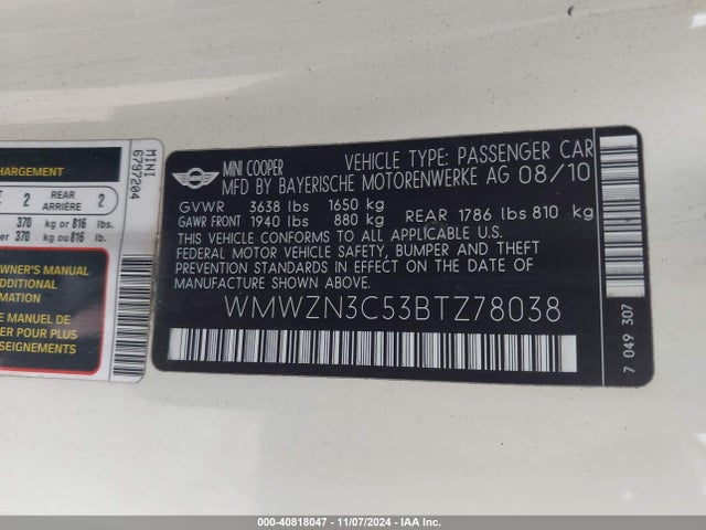 2011 MINI COOPER WMWZN3C53BTZ78038 Photo 8