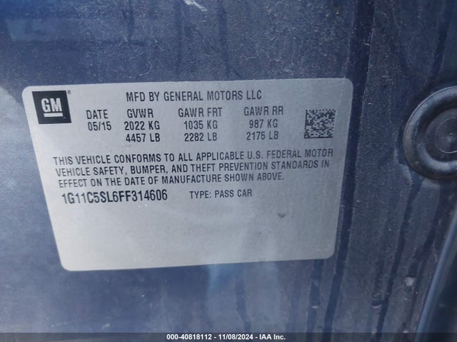 Chevrolet MALIBU 1LT 2015 1G11C5SL6FF314606 Image 9