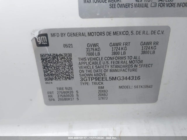 3GTP9EEL5MG344316 GMC Sierra 1500 4wd  Short Box At4