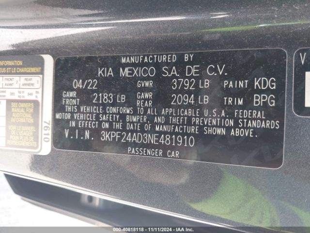 3KPF24AD3NE481910 KIA Forte Lxs