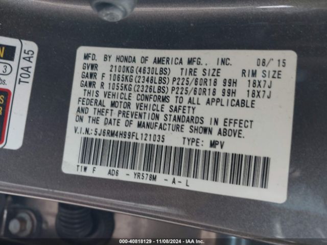 5J6RM4H99FL121035 Honda Cr-v Touring