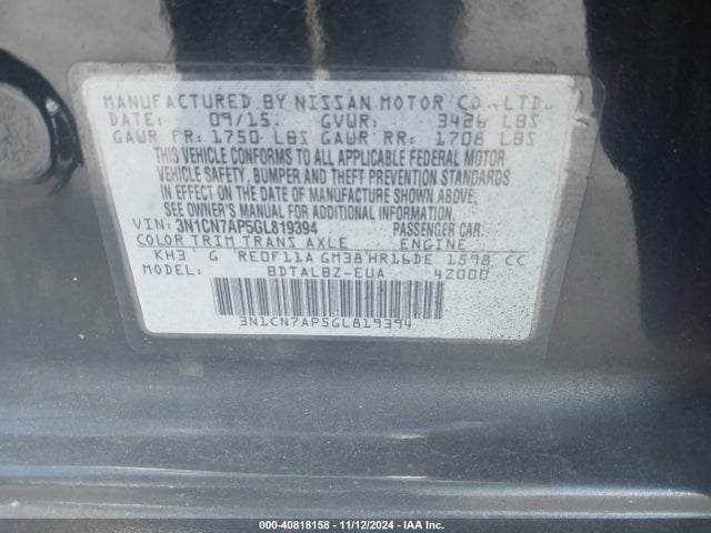 Nissan Versa 1.6 S/1.6 S+/1.6 Sl/1.6 Sv 2016 3N1CN7AP5GL819394 Image 9