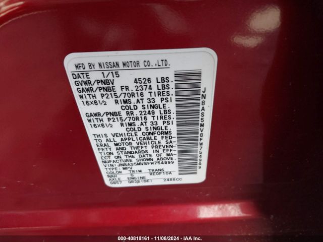 JN8AS5MV8FW754999 Nissan Rogue Select S