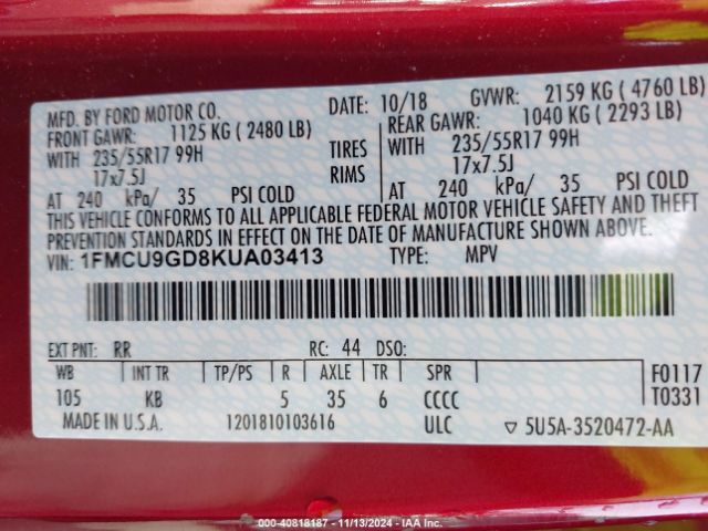 2019 FORD ESCAPE 1FMCU9GD8KUA03413 Photo 8