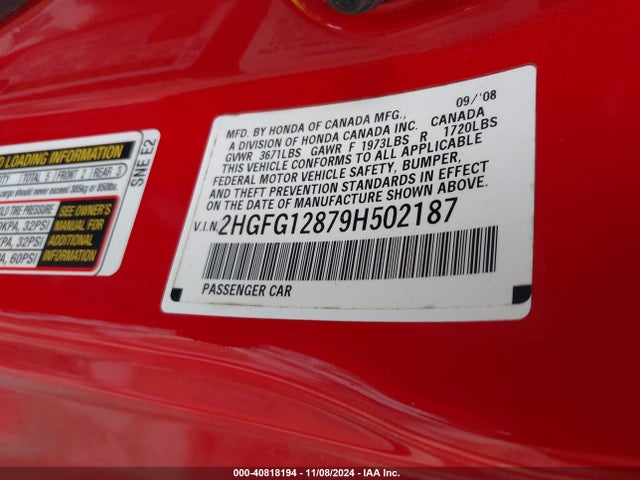 Aukcja sprzedaży 2009 Honda Civic Ex, vin: 2HGFG12879H502187, numer aukcji: 40818194