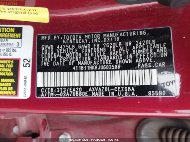 4T1B11HK8JU602586 Toyota CAMRY SE