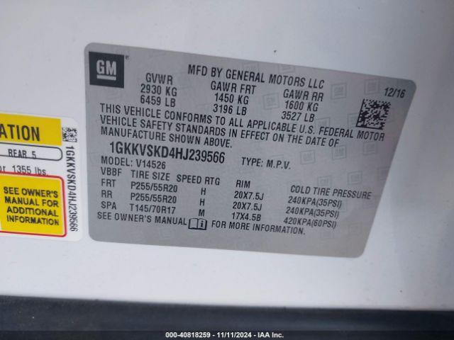 1GKKVSKD4HJ239566 GMC Acadia Limited