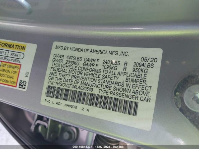 1HGCV2F34LA020540 Honda Accord Sport 2.0t