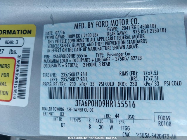Ford FUSION SE 2017 3FA6P0HD9HR155516 Image 9
