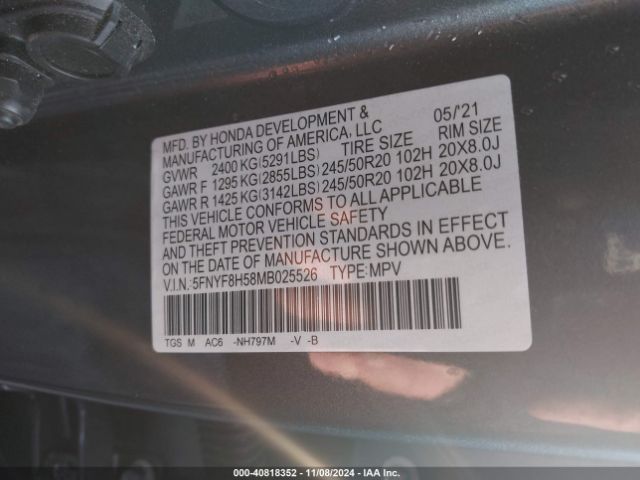 5FNYF8H58MB025526 Honda Passport Awd Ex-l
