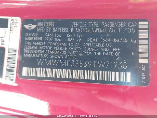 2009 MINI COOPER WMWMF33539TW71938 Photo 8