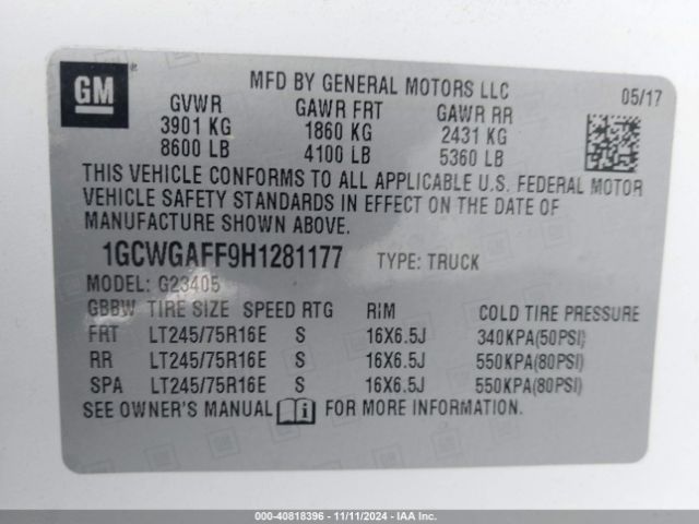 1GCWGAFF9H1281177 Chevrolet Express 2500 Work Van