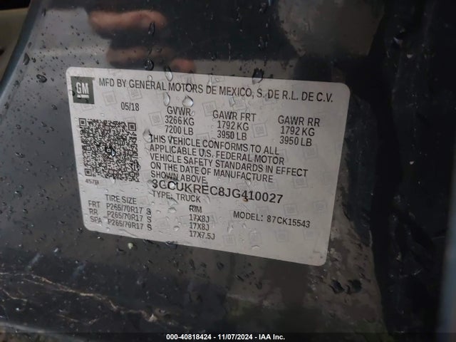 40818424 :رقم المزاد ، 3GCUKREC8JG410027 vin ، 2018 Chevrolet Silverado 1500 1lt مزاد بيع