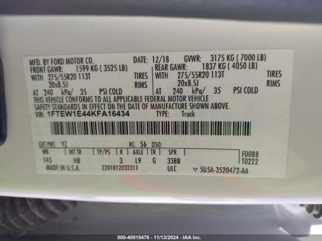 1FTEW1E44KFA16434 Ford F-150 Lariat