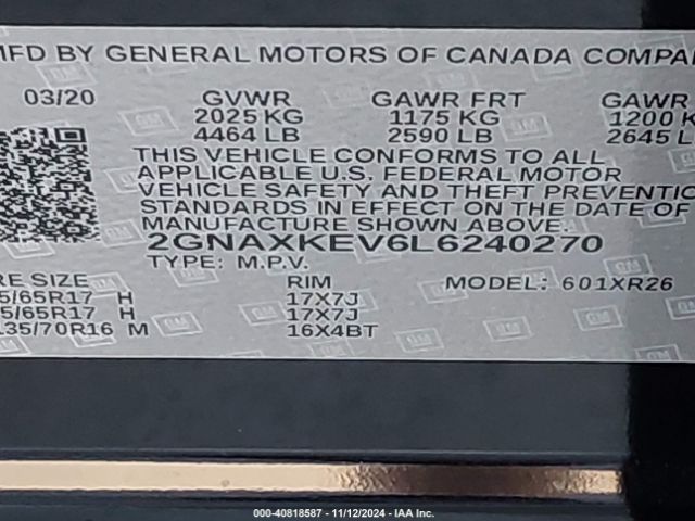 2GNAXKEV6L6240270 Chevrolet Equinox Fwd Lt 1.5l Turbo