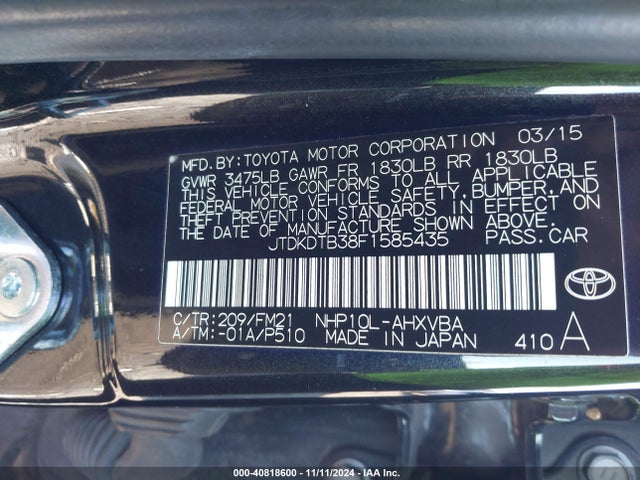 JTDKDTB38F1585435 Toyota Prius C Two