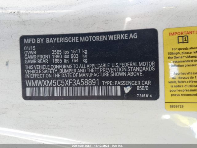 WMWXM5C5XF3A58891 Mini Hardtop Cooper
