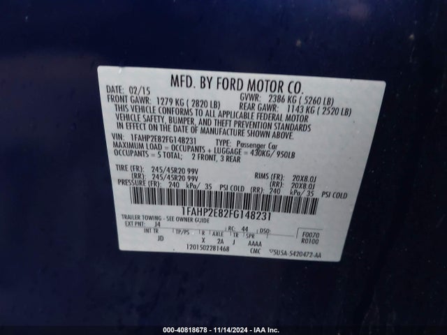 Ford TAURUS SEL 2015 1FAHP2E82FG148231 Image 9