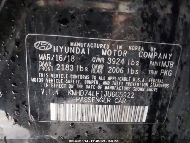 KMHD74LF1JU665922 Hyundai ELANTRA SE