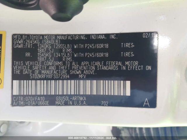 5TDZKRFHXFS072994 Toyota Highlander Le Plus