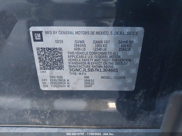Chevrolet Trax Lt 2019 3GNCJLSB7KL304661 Image 9