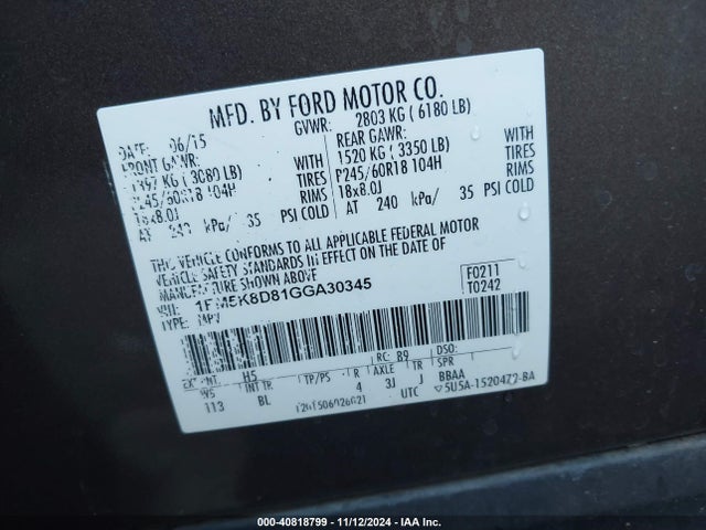 Ford EXPLORER XLT 2016 1FM5K8D81GGA30345 Image 9