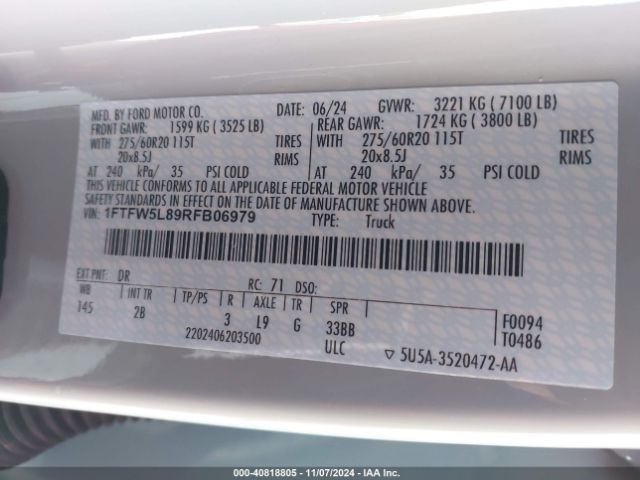 1FTFW5L89RFB06979 Ford F-150 Lariat