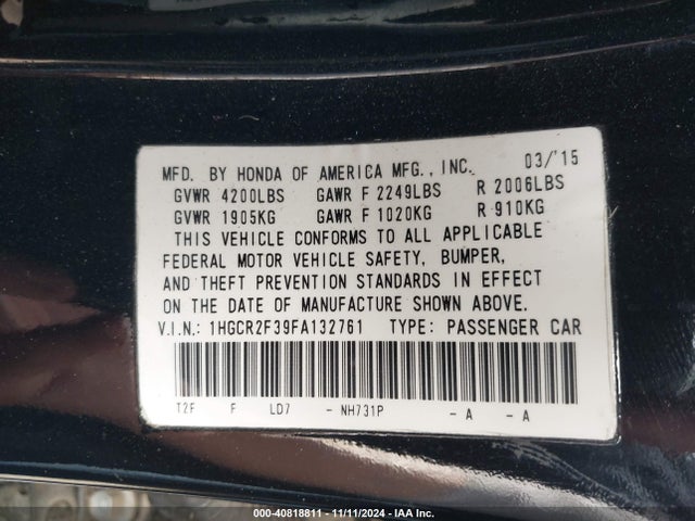 Honda ACCORD LX 2015 1HGCR2F39FA132761 Image 9