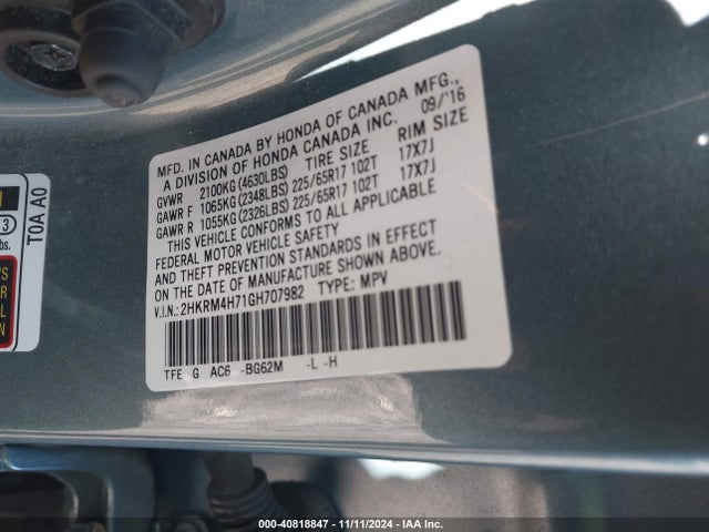 Honda Cr-v Ex-l 2016 2HKRM4H71GH707982 Image 9
