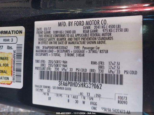 Ford FUSION SE 2017 3FA6P0HD5HR332062 Image 9