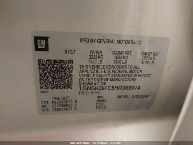 1GNSKBKC5HR369974 Chevrolet Tahoe Lt