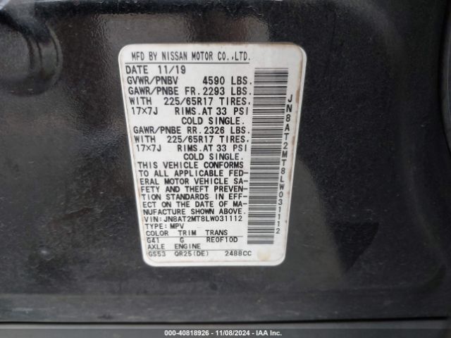 JN8AT2MT8LW031112 Nissan Rogue S Fwd